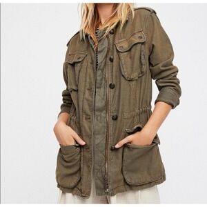 Free People Not Your Brothers Surplus Green Military Zip Up Jacket Large L